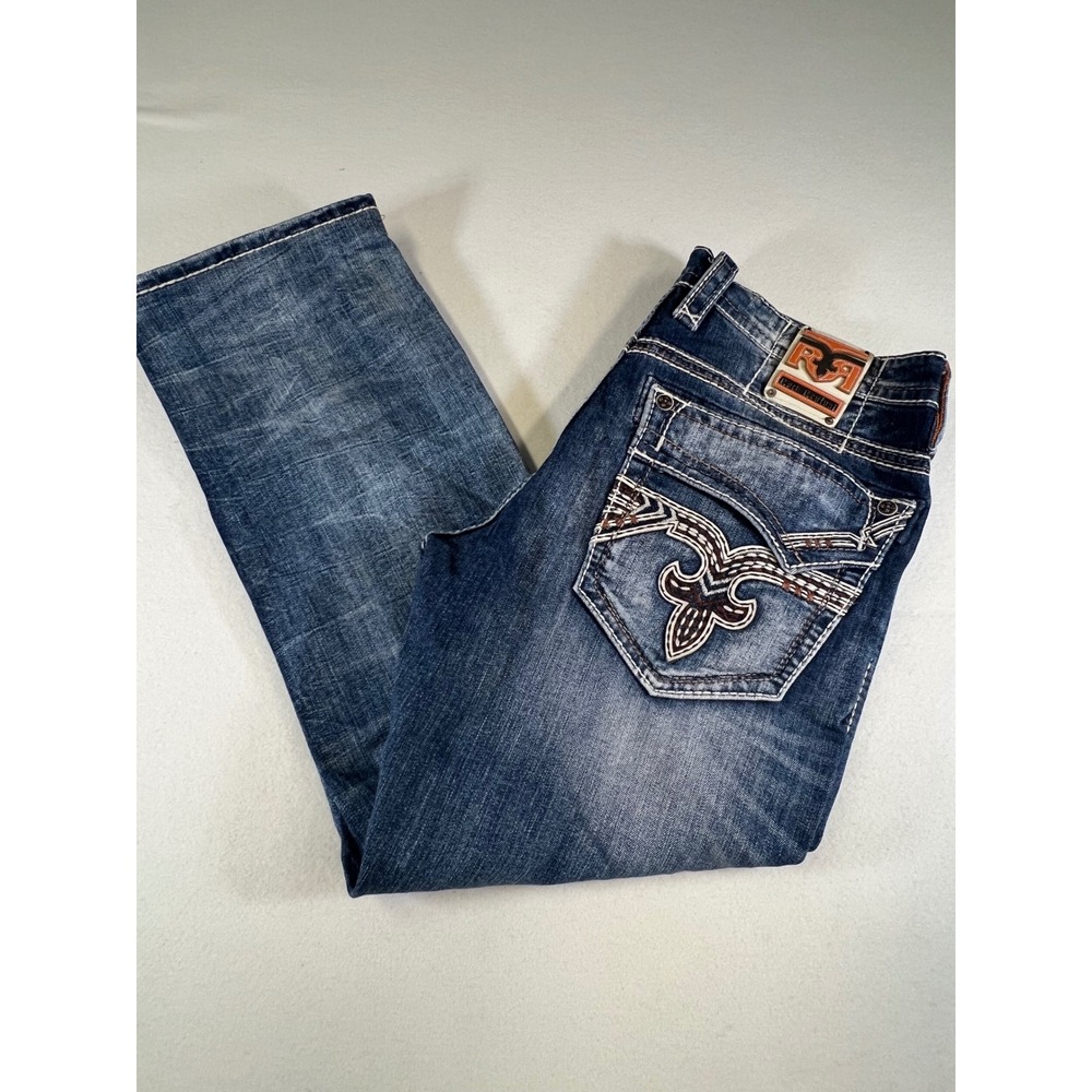 Rock Revival Priam Straight Blue Jeans Mens 38 Altered Inseam 29 Heavy Stitch